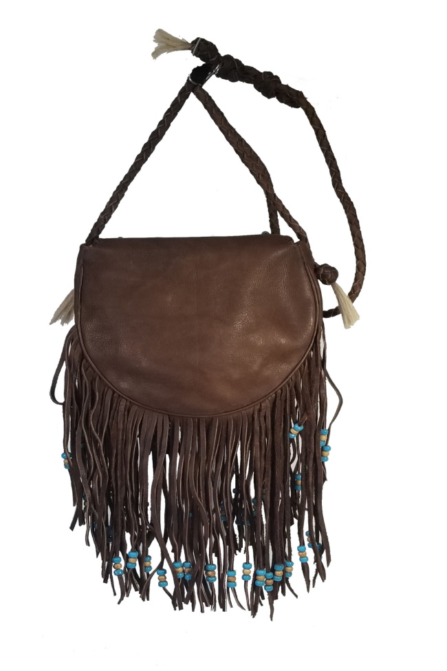 (image for) Bone Piping Glass Beaded Rossette Fringe Leather Shoulder Bag